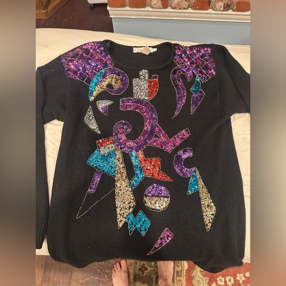 Vintage Sweaters - Colorful Vintage Silk blend Geometric Holiday Sequin Sweater